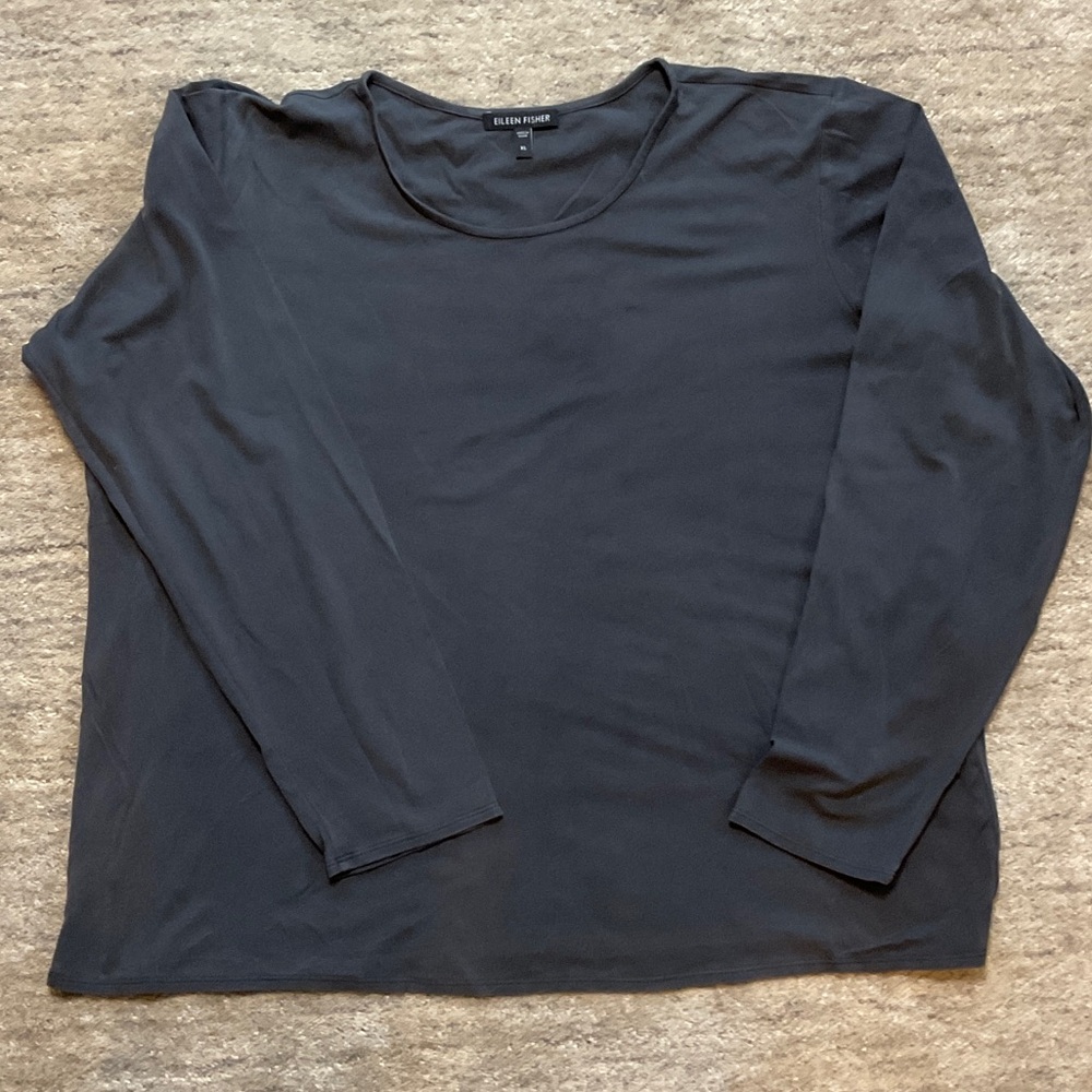 Eileen Fisher Charcoal, 100% (washable) silk Long-Sleeve Crewneck Top